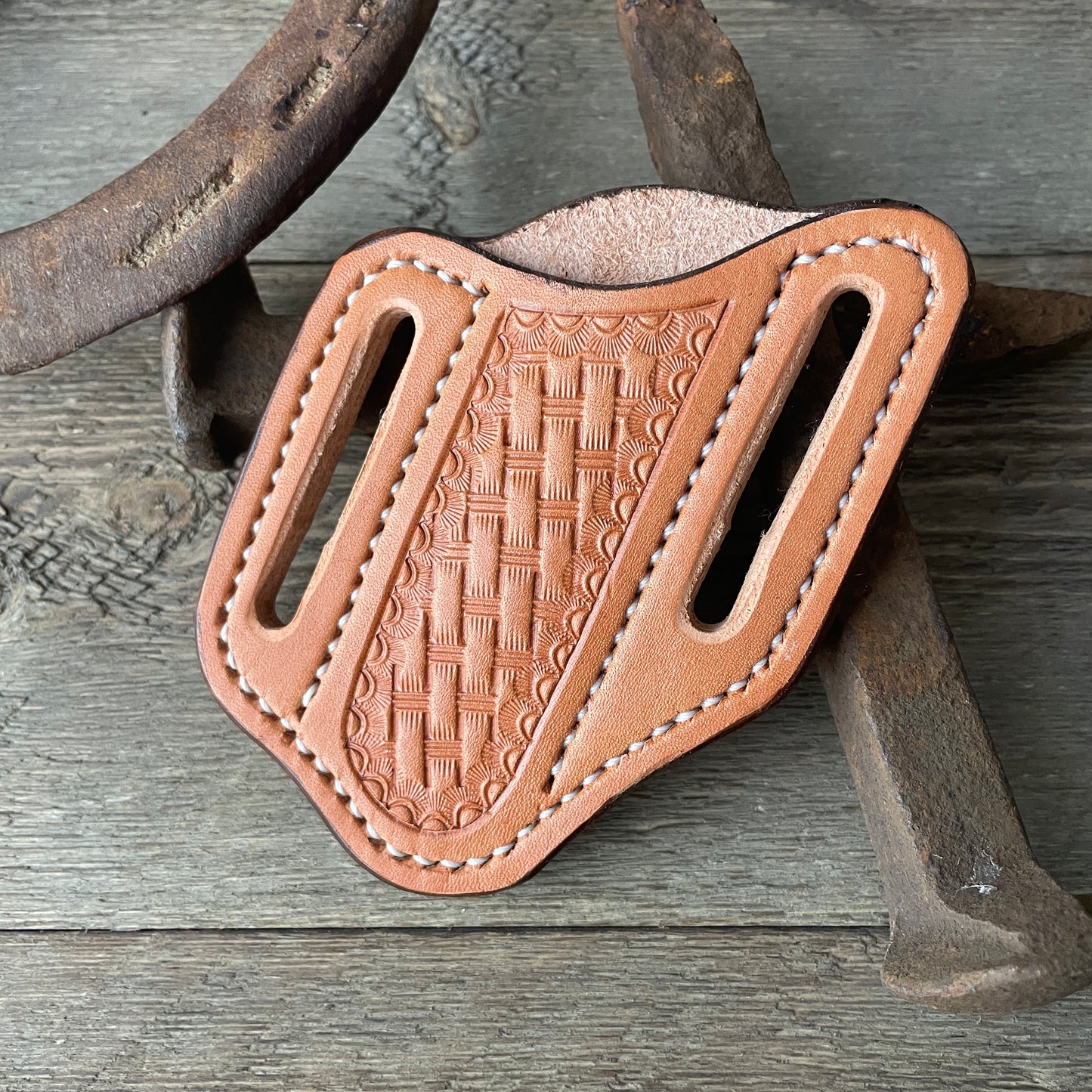 Basketweave Leather Trapper Knife Sheath - Natural