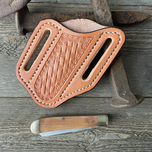 Basketweave Leather Trapper Knife Sheath - Natural