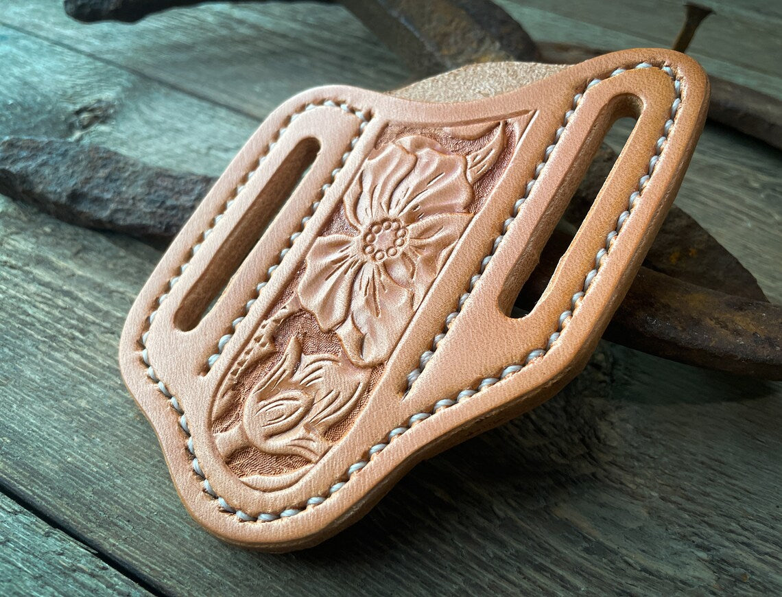 Floral Leather Trapper Knife Sheath - Natural